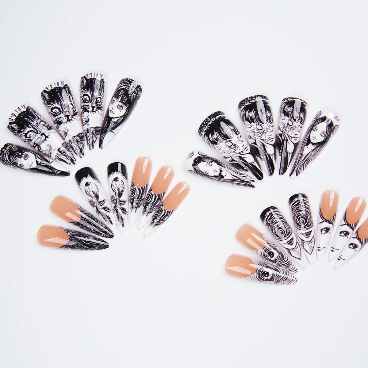 24pcs Horror Manga Press on Nails Halloween Face Eye Swirl Thorn Cat Fake Nail Gothic Spooky Long Stiletto False Nail for Women