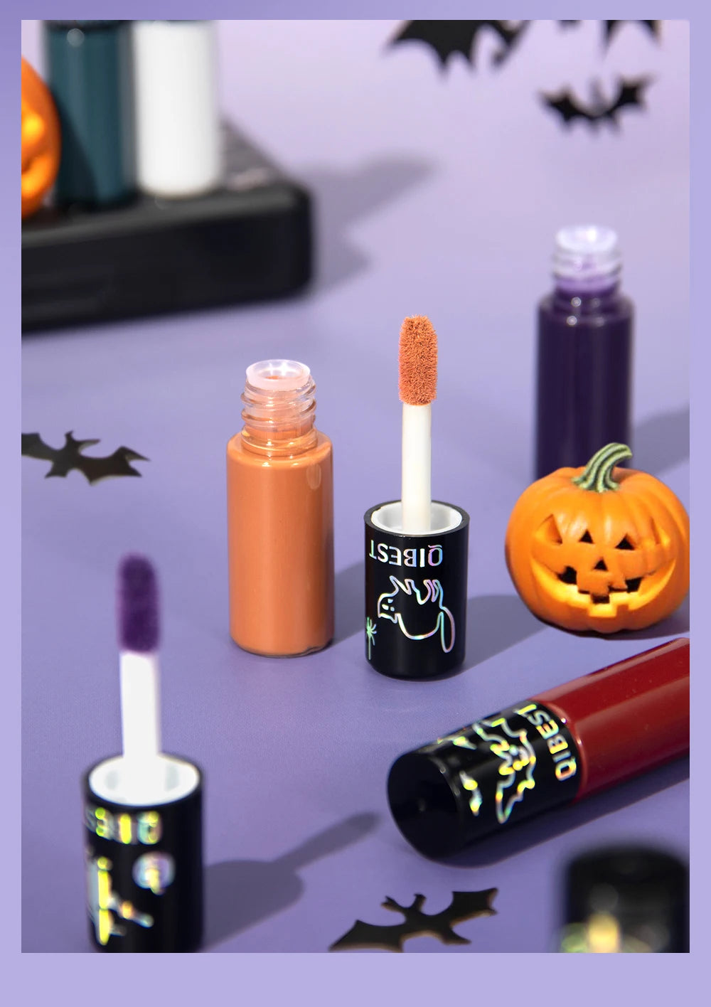 QIBEST Halloween Liquid Lipstick Makeup Sets Waterproof Matte Lipstick Red Black Orange Purple Lip Stain Tint Lasting Cosmetics