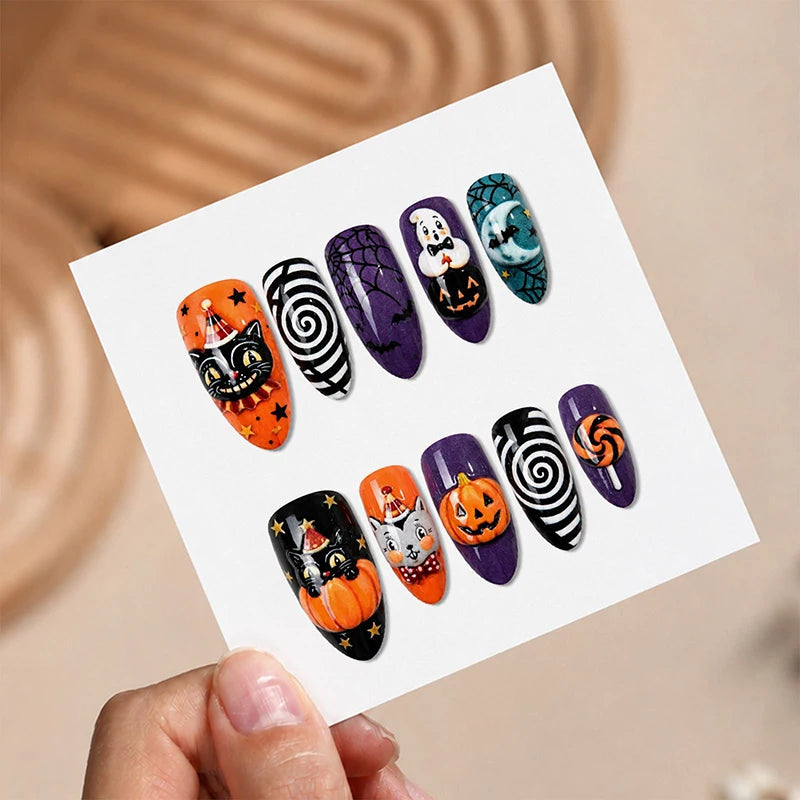 6 Sets Halloween Style Almond-Shaped Press On Nails with of 3D Embossed Pumpkin Bat Checkerboard Ghost Acrylic Fake Nail