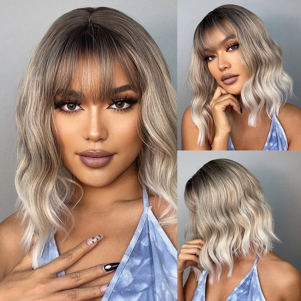 EASIHAIR Short White Bob Synthetic Wigs Short Wavy Lolita Natural Hair Wigs with Bangs for Women Heat Resistant Cosplay Wig