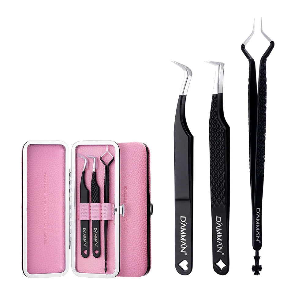 DAMMAN 3PCS Lash Tweezers Set Fiber Tip Tweezers for Eyelash Extension High Precision Eyelash Tweezers with Leather Case