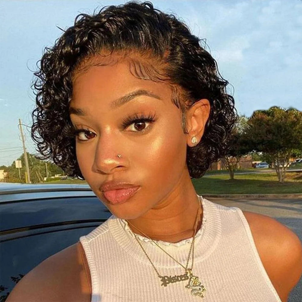 Short Curly Pixie Cut Wig Human Hair 13x1 Lace Short Curly Wigs For Black Women 6 inch Natural Color Pixie Cut Lace Front Wig