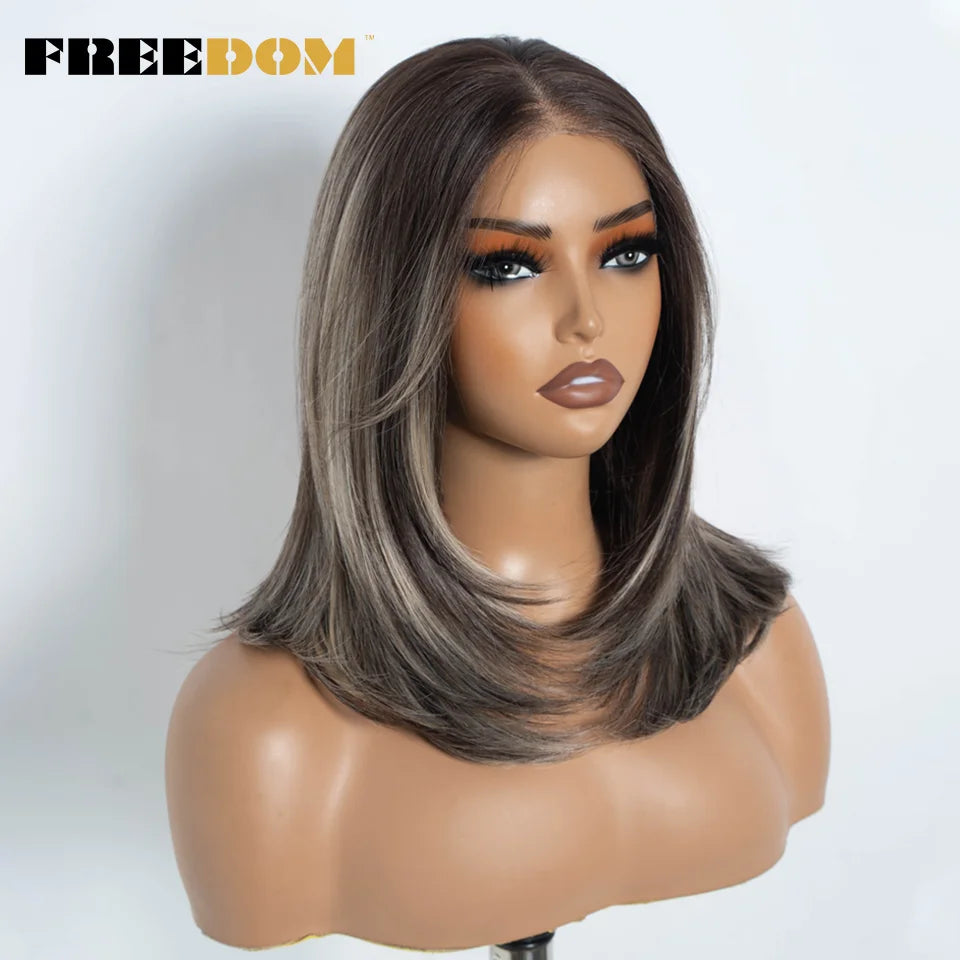 FREEDOM Synthetic Lace Front Wigs For Women Straight Bob Layered Wigs 13X3 Pre Plucked 16" Ombre Blonde Highlight Daily Use Wig