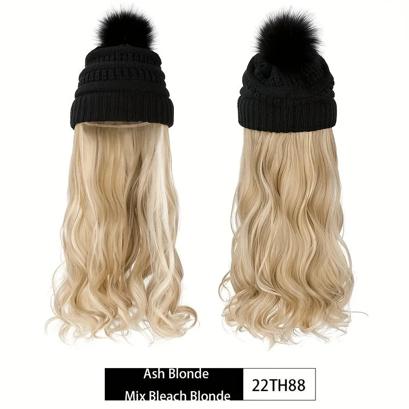 20inch Long Water Wavy Synthetic Hairpiece Beanie Hat - Woven Wigs with Knit Pom Cap and Warm Winter Design - Soft, Detachable,