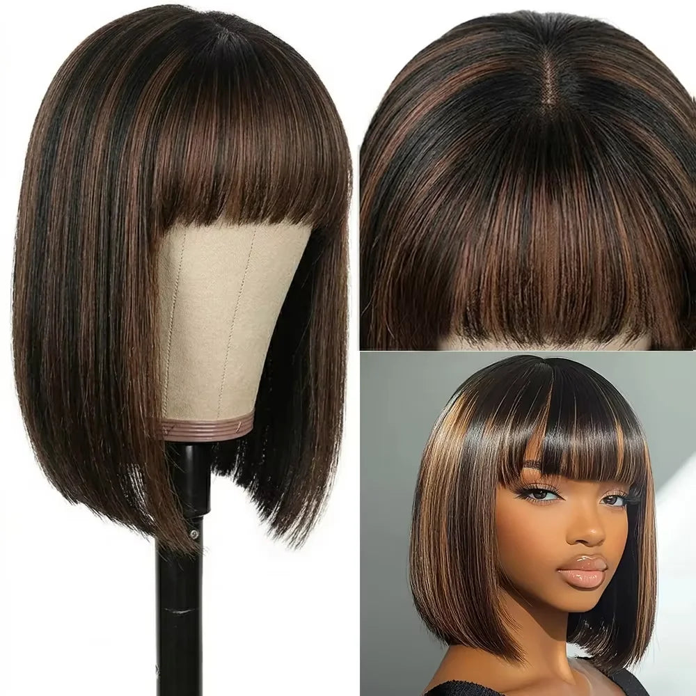 220% Density Ready To Go Glueless Human Hair Wigs 10 Inch 1B/30 Highlight Ombre Straight Wear And Go Glueless Bob Wig 2x1 Lace Closure Wig Human Hair For Women