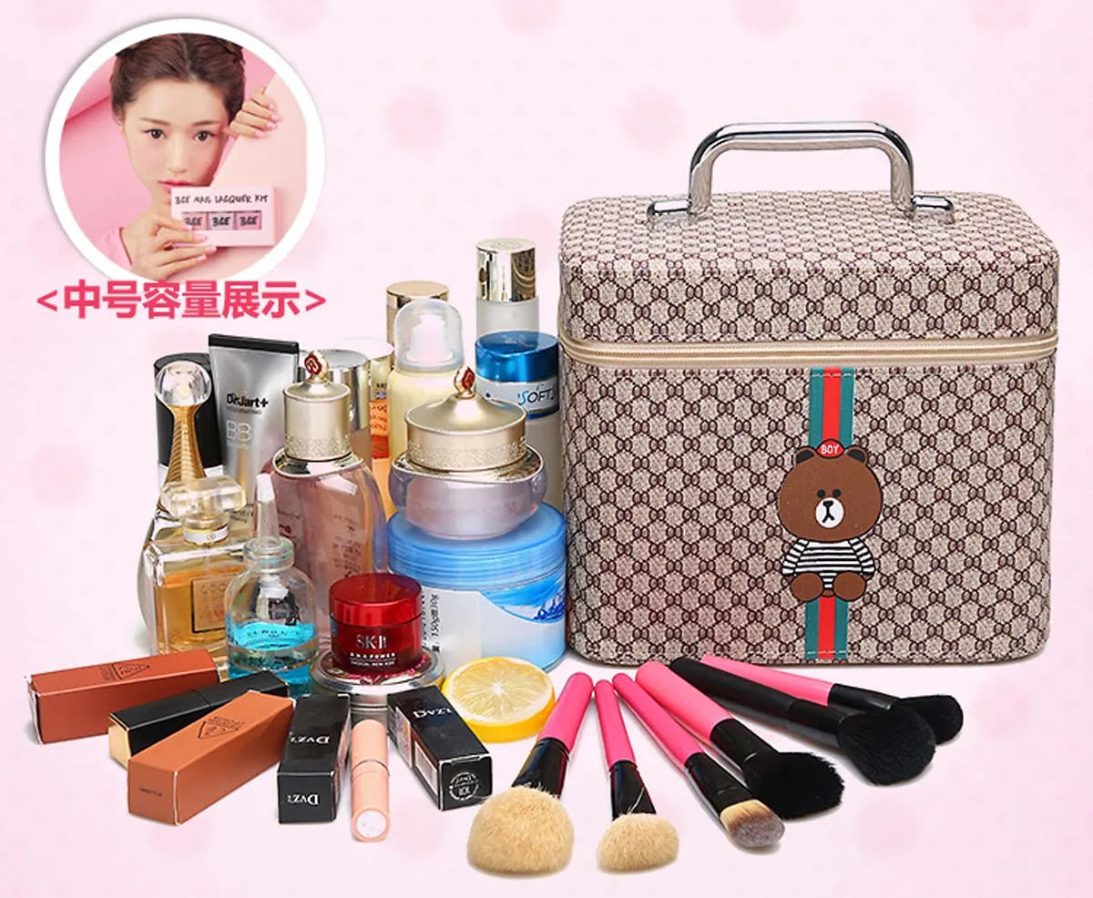 Large capacity new makeup bag Travel portable makeup case Portable high-end PU leather cosmetics storage bag cute bear pattern