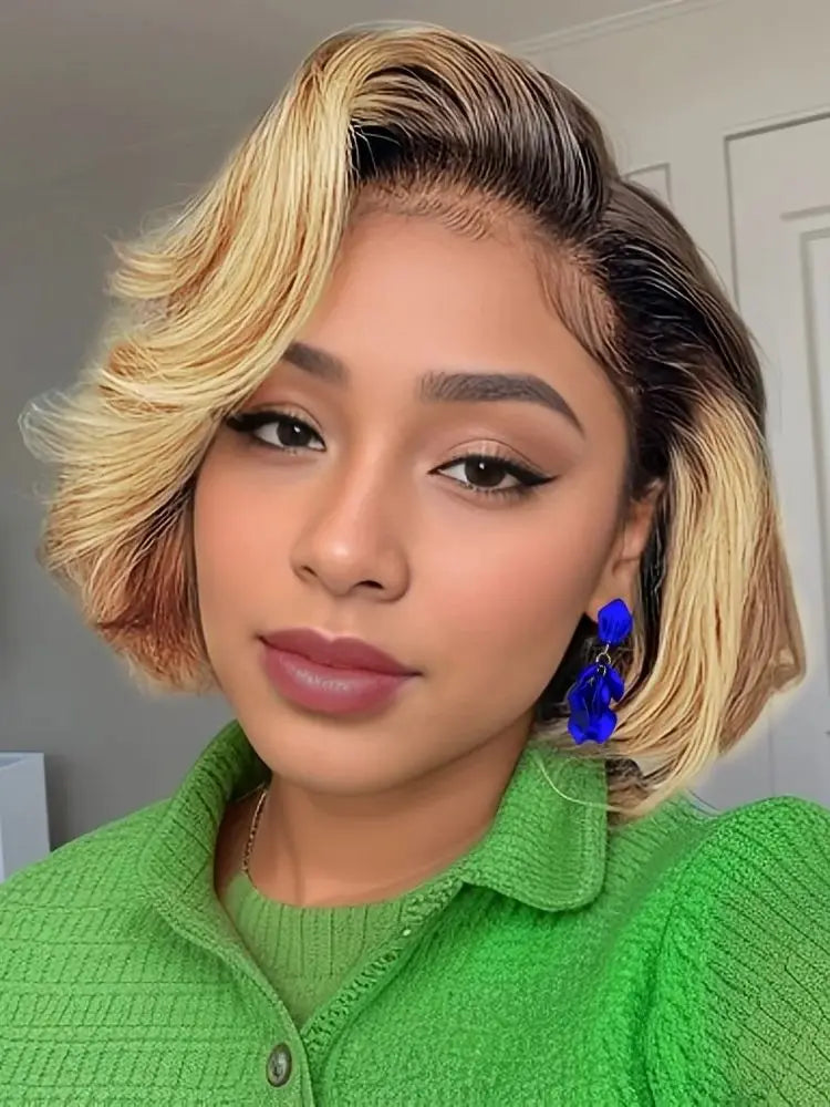 Straight Short Bob Wig 13x4 Lace front Bob Wigs Brazilian Human Hair Wig Preplucked For Woman Short Pixie #1B30 Color ﻿