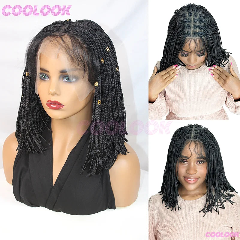 12" Short Braided Wigs For Women Synthetic Wig 6*6 Lace Braids African Wigs Cornrow Micro Black Wig