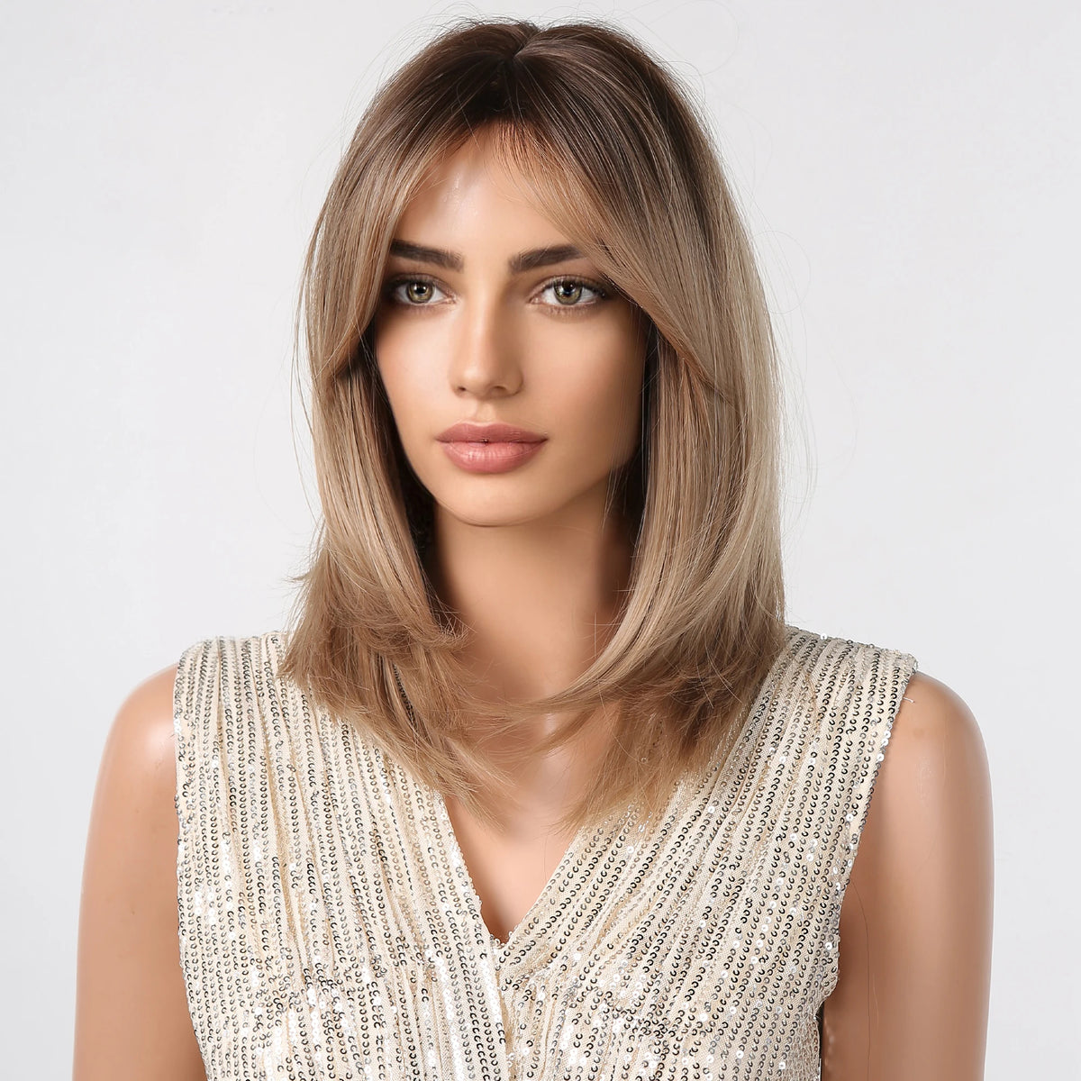 Short Layered Synthetic Wig Ombre Brown Medium Length Straight Natural Looking Hair Wig with Bangs Heat Resistant for Women Afro