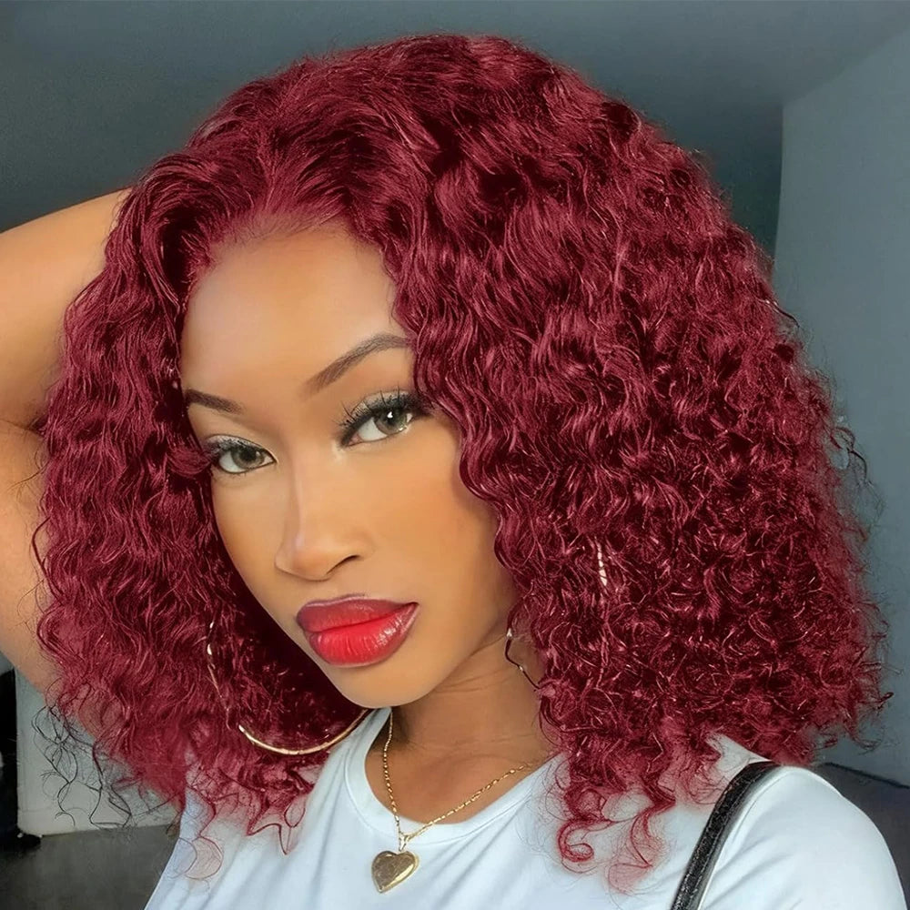 180 Density Burgundy 99J Short Bob Wigs Deep Wave 13x4 HD Lace Front Human Hair Wig Water Deep Curly Glueless Lace Closure Frontal Wig