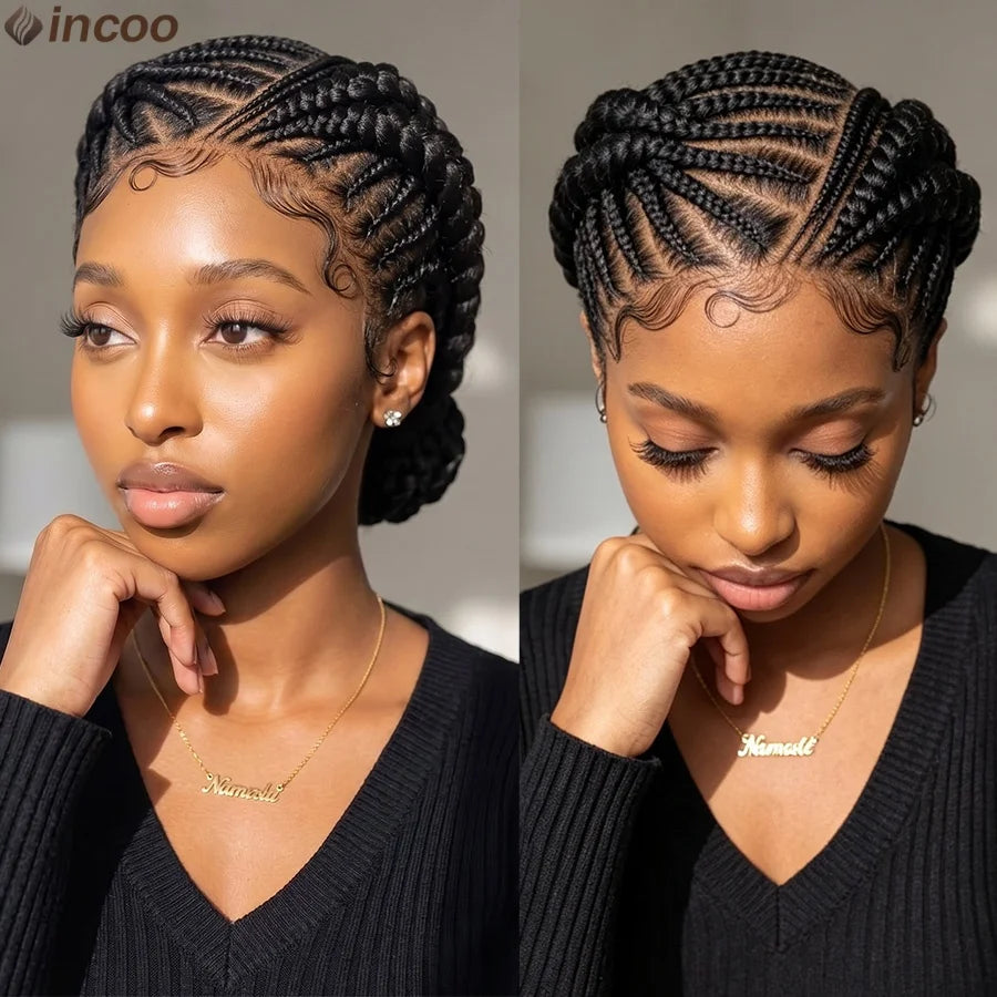 Short Bantu Knotless Braided Wigs Synthetic Full Lace Wig Box Braids Low Buns Wig Glueless Cornrow Braiding Hair Wigs For Women