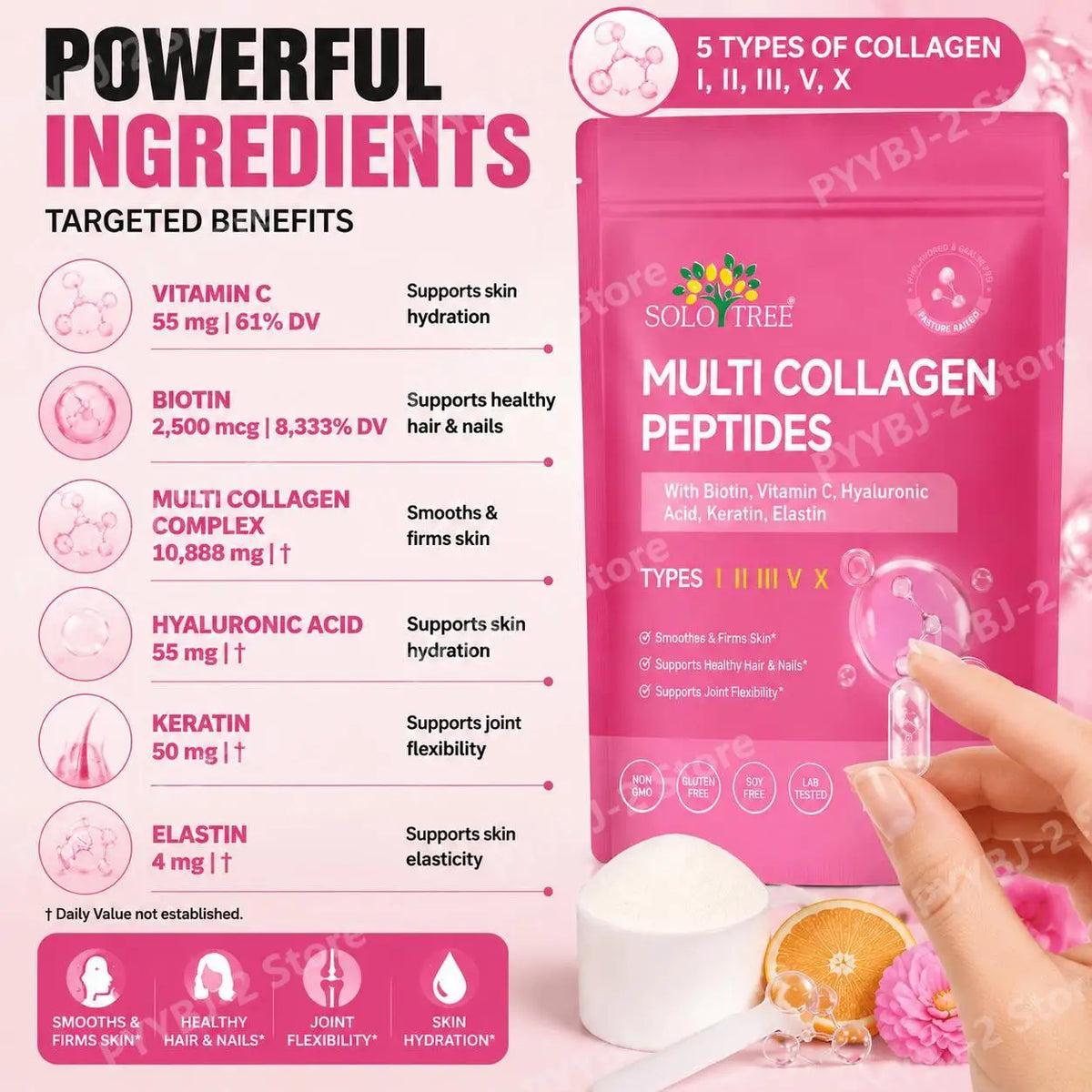 Multi Collagen Peptides Powder Types I II III V X with Biotin Vitamin C Hyaluronic Acid for Skin Hair Nails Joint Support 1LB
