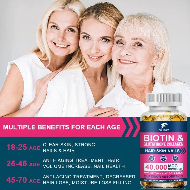 High Biotin 5000mcg Capsules with Hydrolyzed Fish Collagen & MSM, Healthy Hair, Glowing Skin, Strong Nails & Anti-Aging Support