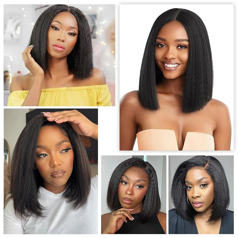 100% Human Hair Bob Yaki Straight Glueless HD Lace Closure Wigs 4C Precut Kinky Straight 5x5 Lace Wig With Drawstring PrePlucked