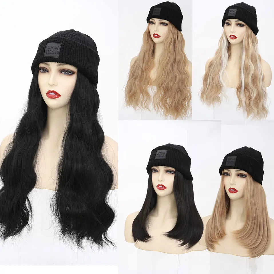 Hat Wig Knitted Beanie Wig Hat Hair Extension 11''18'' Long Wavy Curly Black Hat Wig Synthetic Hairpiece for Women Girls Winter