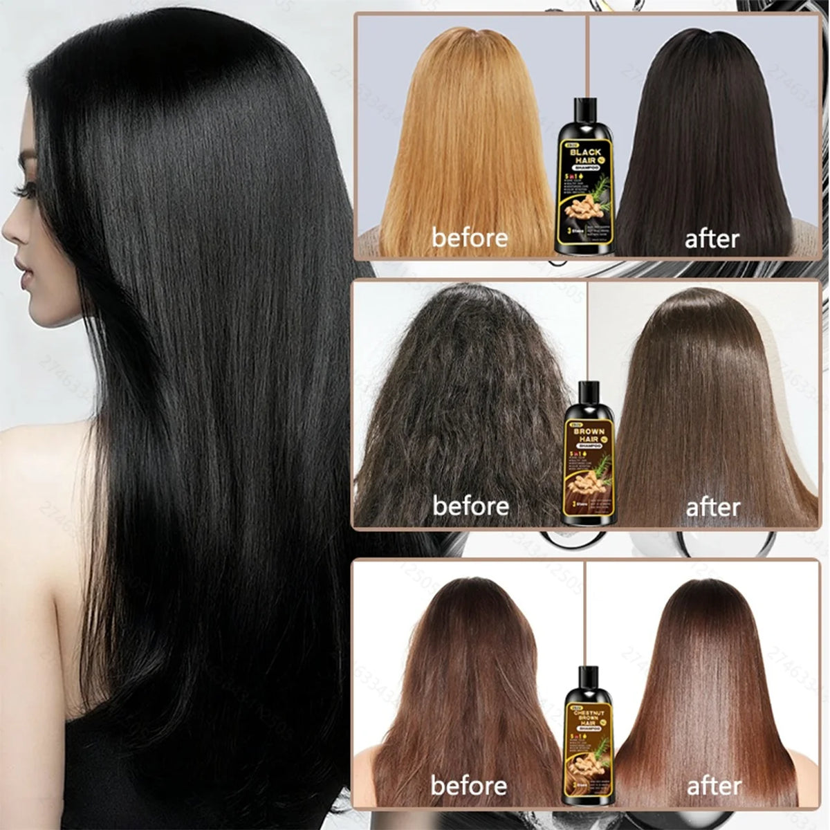 New Hair Dye Shampoo 5-in-1, Containing Ginger and Biotin. Long-Lasting Color Retention and Coverage of Gray Hair. Long-Lasting