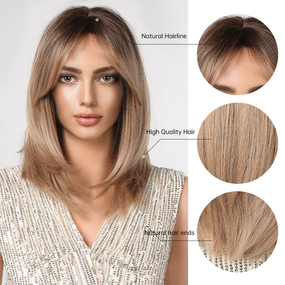 Short Layered Synthetic Wig Ombre Brown Medium Length Straight Natural Looking Hair Wig with Bangs Heat Resistant for Women Afro