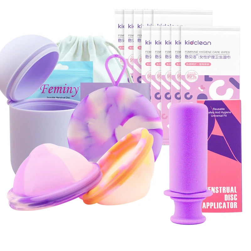 Feminy Menstrual Disc Kit Medical Grade Reusable Soft Silicone Period Disc with Sterilizer Case Applicator Leakproof Monthly Cup