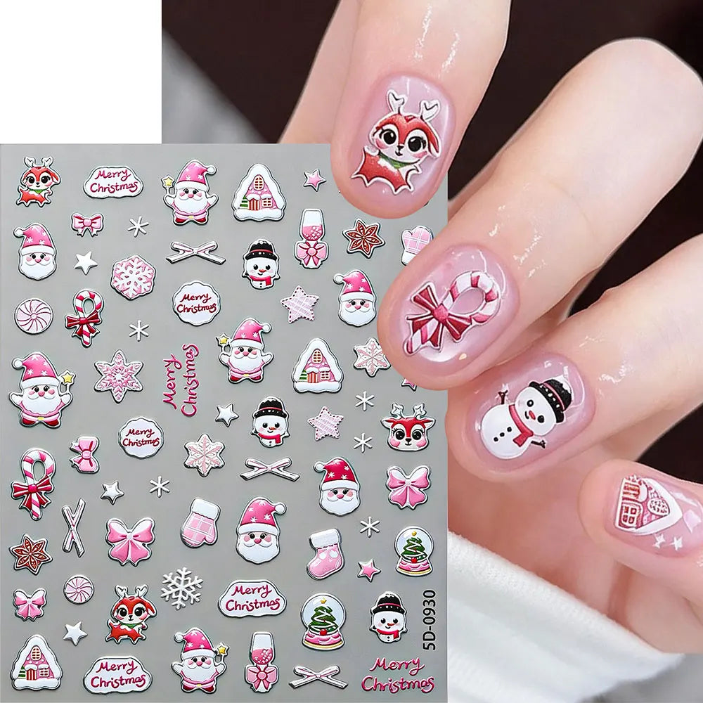 5D Embossed Gold Castle/Garland/Christmas Tree Nail Stickers White Snowflakes Bow Star Nail Decals Self-Adhesive Xmas Nail Decor
