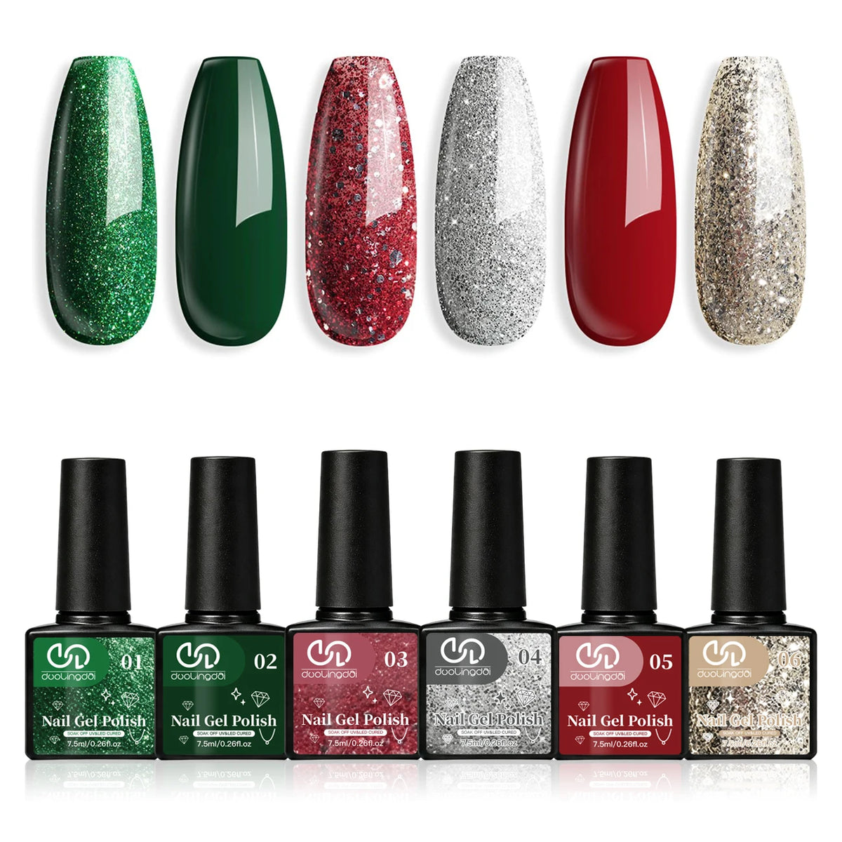 6 Colors Christmas Holiday Gel Nail Polish Set, Dark Green Red Silver Champagne Glitter Gel Polish Kit for Christmas Manicure