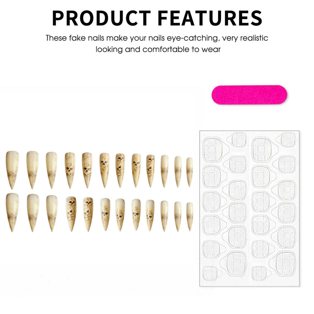 24Pcs Matte Stiletto Press On Nails False Nails Skeleton Nail Tips Halloween Gothic False Nail Kit for Cosplay Party Costume