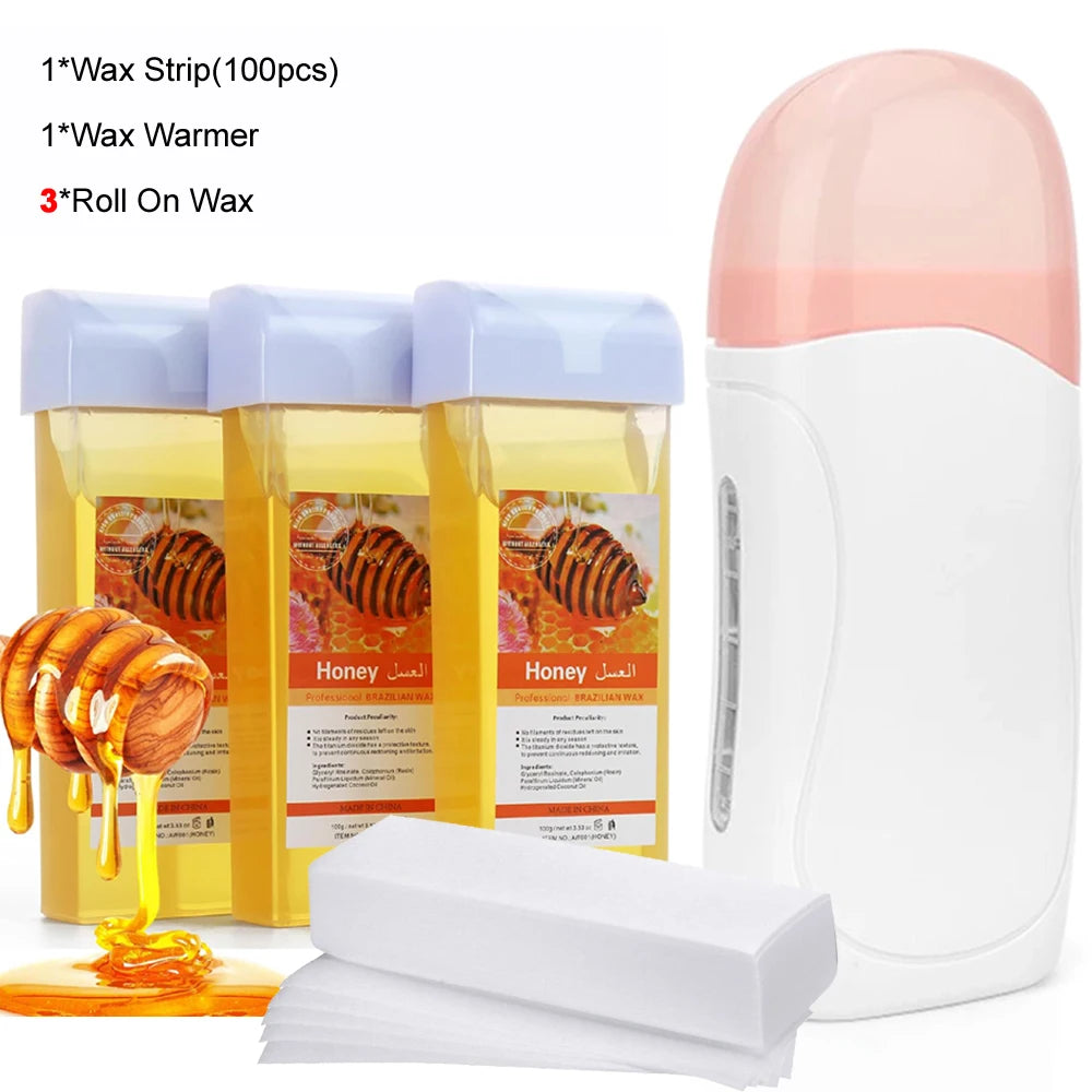 Roll On Waxing Kit With Wax Cartridges and Wax Strips 3 in 1 Soft Wax Heater Kit Hair Removal Wax Paper Waxing Kits Warmer