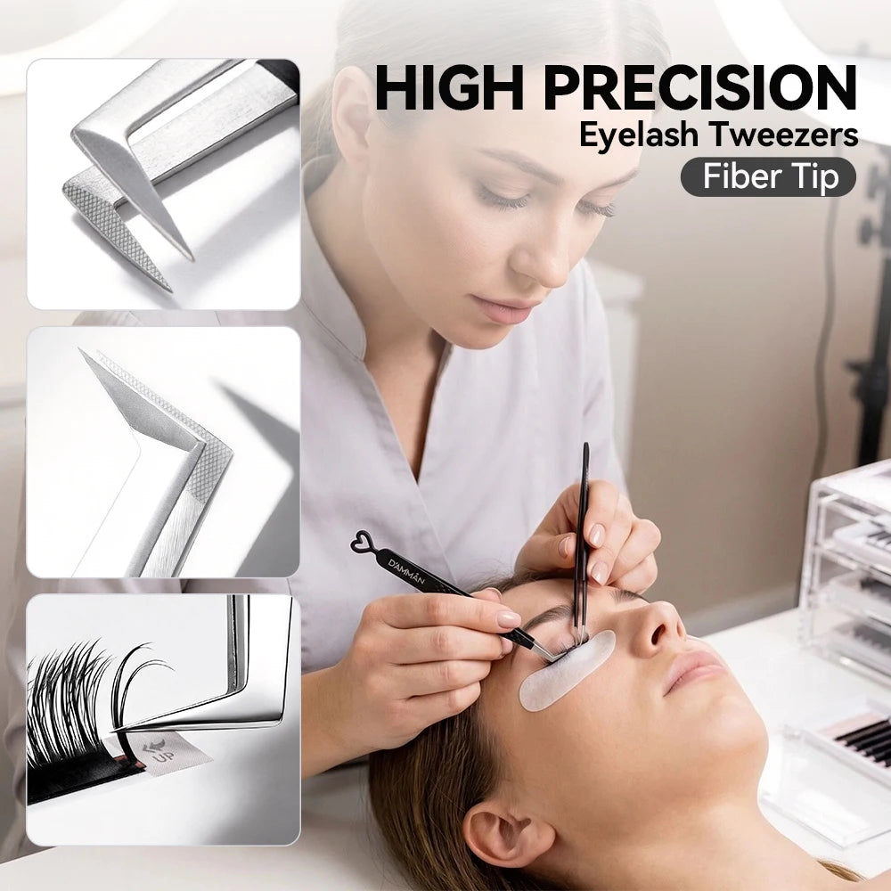 DAMMAN Fiber Tip Lash Extensions Tweezers Professional Eyelash Tweezers Anti-slip Lash Tweezers Eyelash Extension Supplies