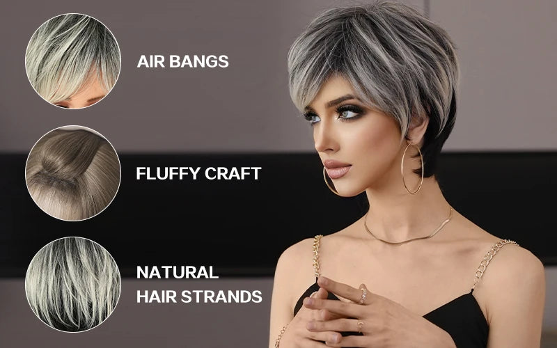 7JHH WIGS Ombre Black Blonde Bob Wig for Women Daily Party Synthetic Straight Short Hair Wig with Fluffy Bangs Pixie Cut Wigs