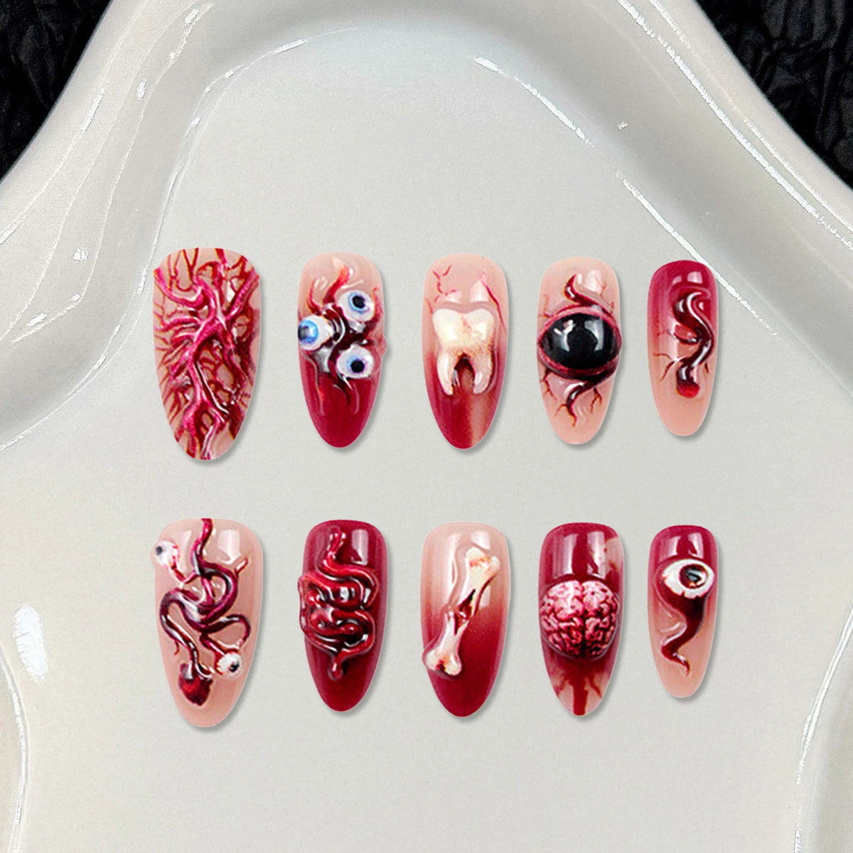 30pcs Bloody Red French Style Fake Nails Spooky 3d Eyeballs Tooth Vascellum Decor Press On Nails Horror Halloween False Nail