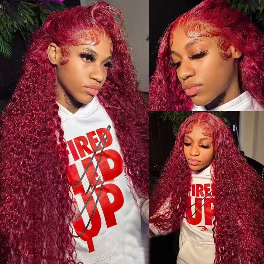 200 Density 13x4 Curly 99J Burgundy Lace Front Wig Red Wine Colored 30 38 Inch Deep Water Wave HD Lace Frontal Human Hair Wigs