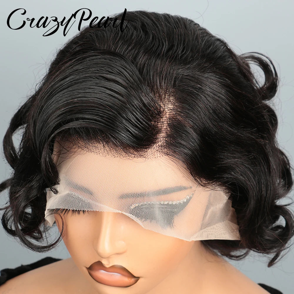 CrazyPearl Finger Wave Bob Lace Front Wig Human Hair Rose Short Vintage S-Curve Wavy Black HD Transparent Lace Wigs for Womem