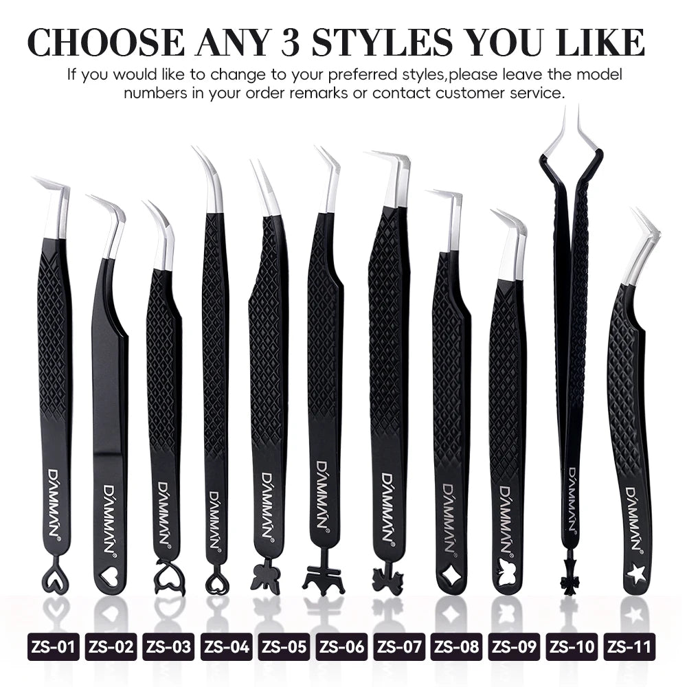 DAMMAN 3PCS Lash Tweezers Set Fiber Tip Tweezers for Eyelash Extension High Precision Eyelash Tweezers with Leather Case