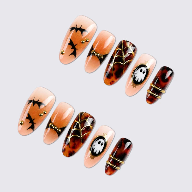 6 Sets Halloween Style Almond-Shaped Press On Nails with of 3D Embossed Pumpkin Bat Checkerboard Ghost Acrylic Fake Nail