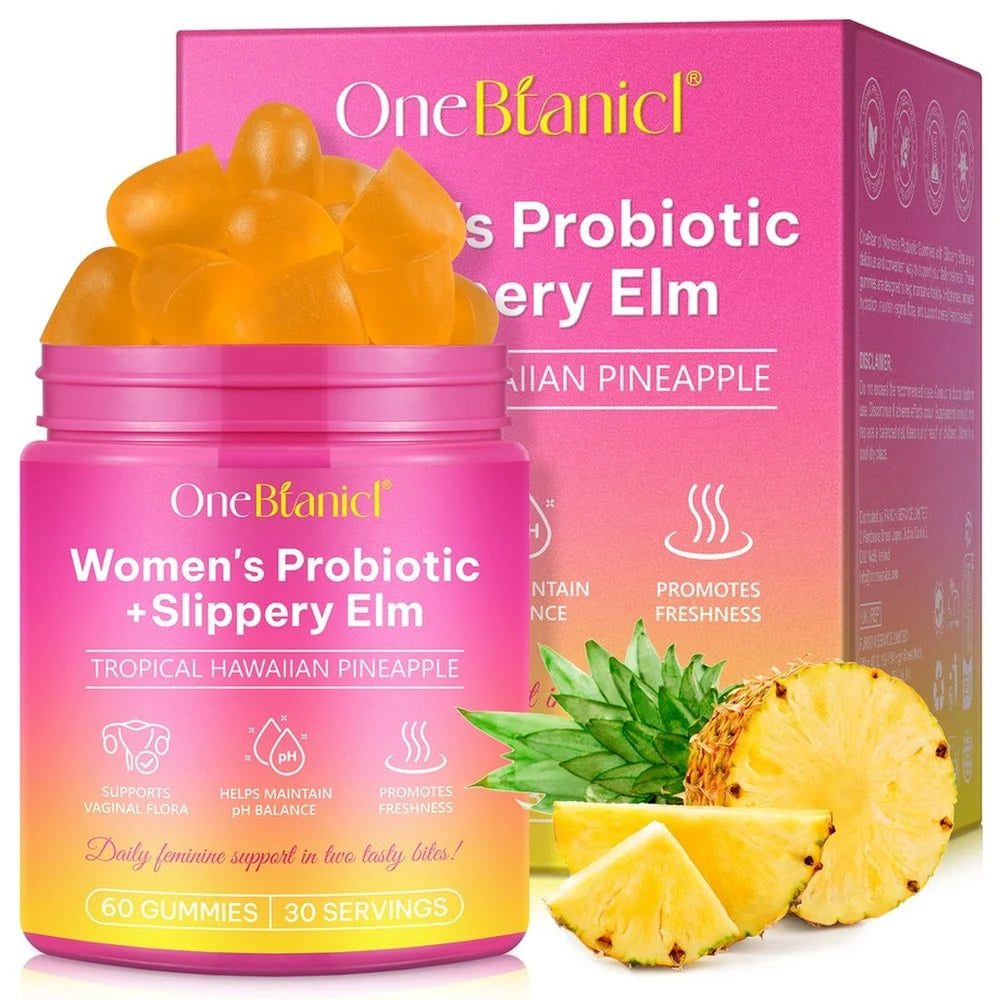 OneBlanid Women's Probiotic Gummies Slippery Elm XOS 4 Strains For pH Flora Freshness & Balance Support Formula Women 60 Count