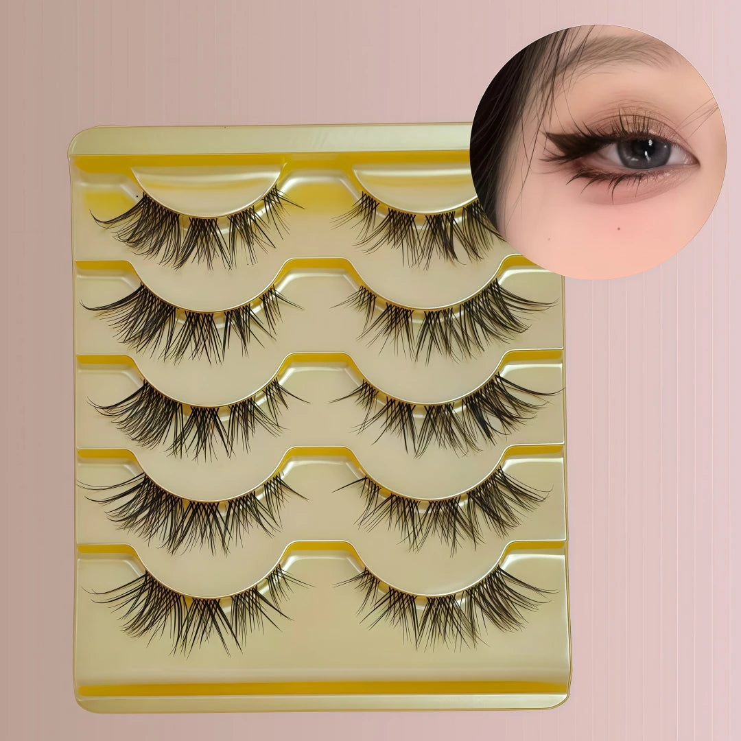 5 Pairs European Style Cold Fox Eye Slanted Full Strip Clear Band False Eyelashes For Daily Halloween Christmas Black Fr