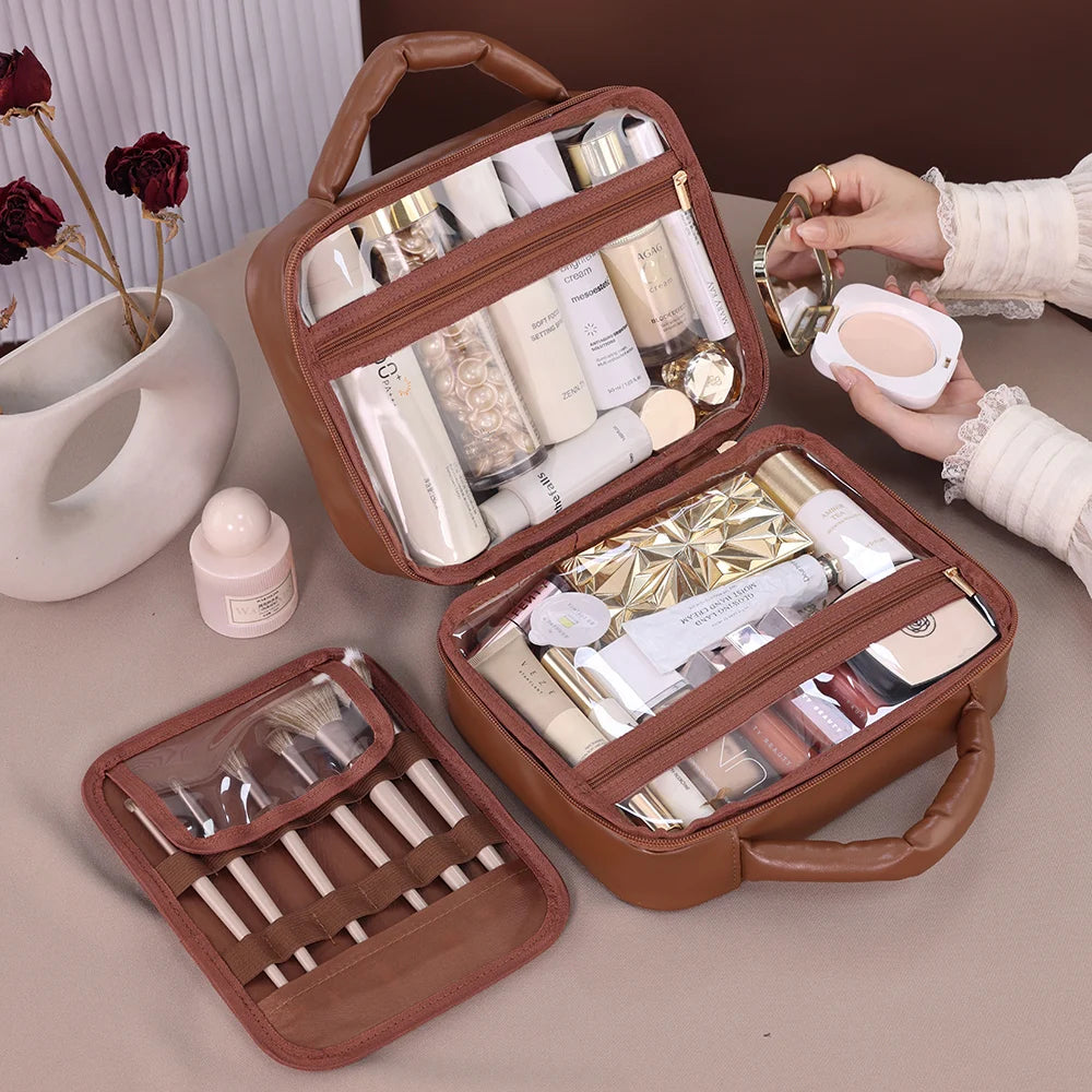 Luxury Checkered Cosmetic Bag For Women Large Capacity Waterproof Makeup Toiletry Bag Brown Melard Travel Wash Storage Bag