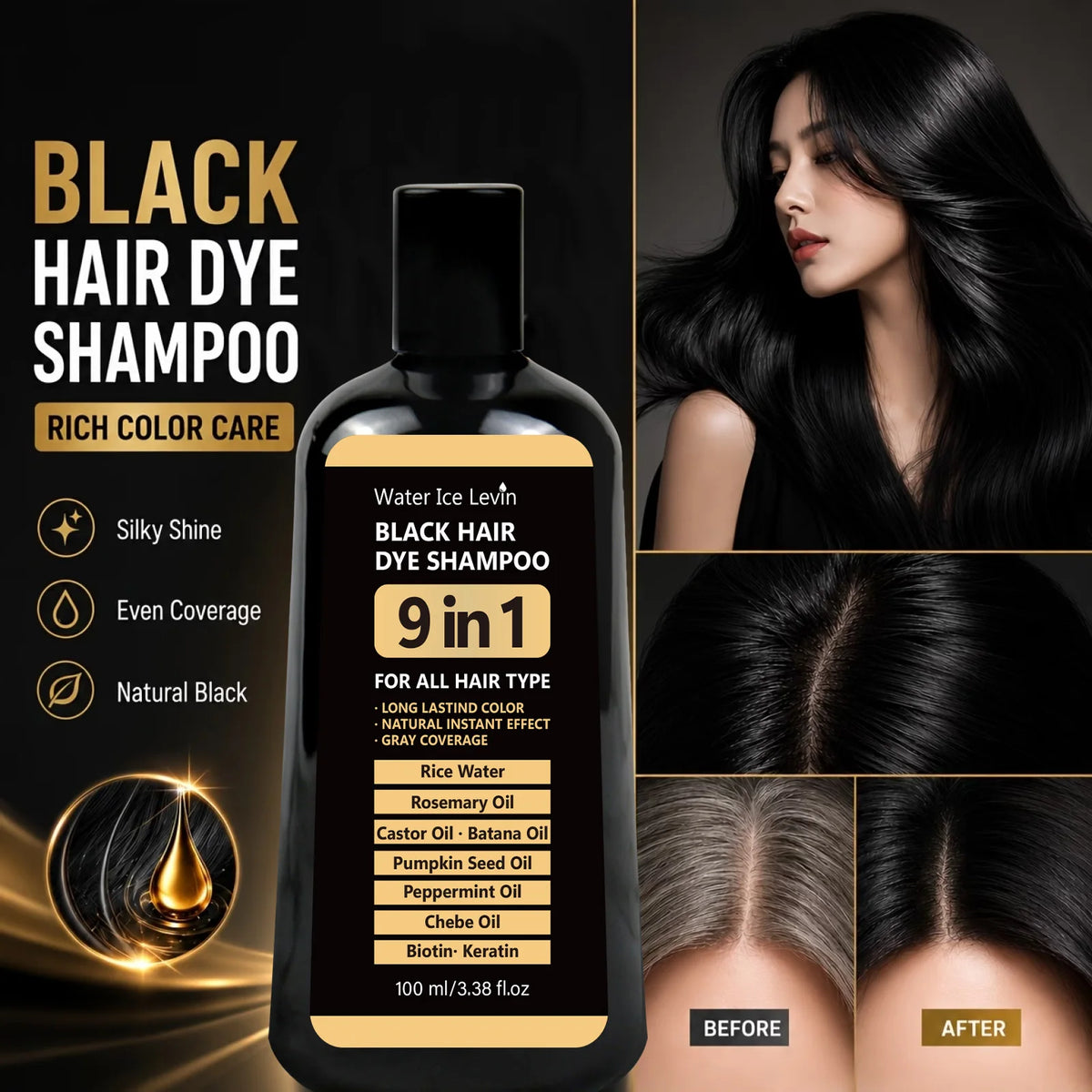 100ml 9‑in‑1 Black Hair Coloring Shampoo Natural Instant Gray Hair Coverage Nourish Repair Shine Hair Dye Shampoo For Men Women