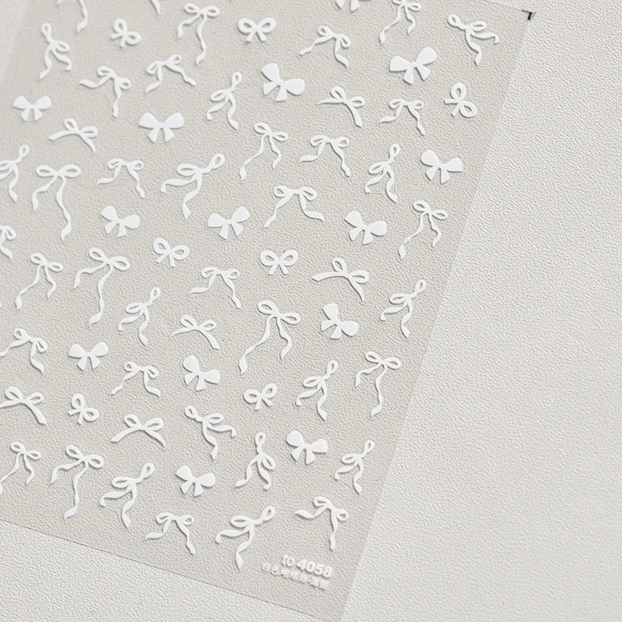 5D Shell Light Nail Stickers Small Fresh White Bow Ribbon Nail Charms Stickers Self Adhesive Nails Decorations Parts DIY Decals