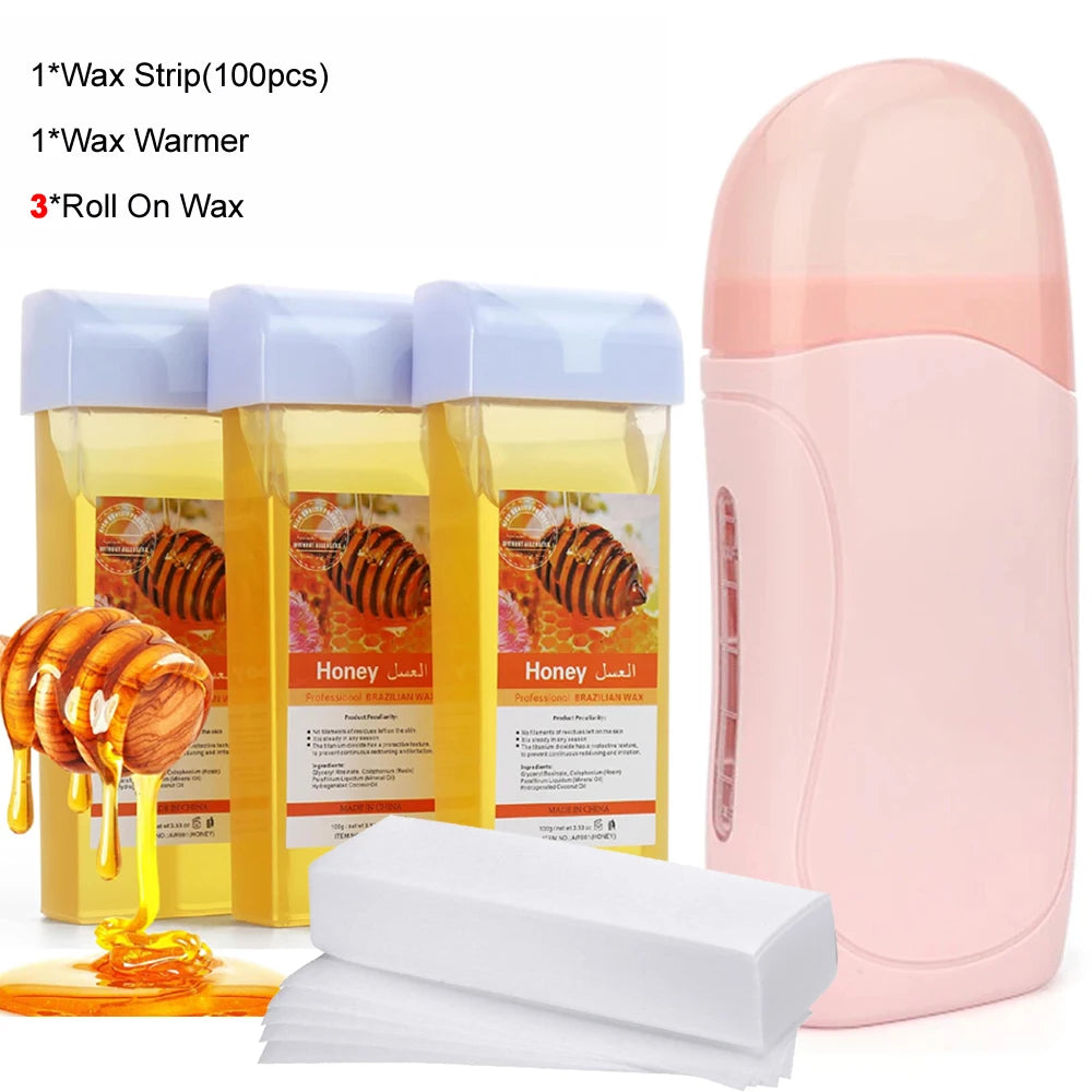 Roll On Waxing Kit With Wax Cartridges and Wax Strips 3 in 1 Soft Wax Heater Kit Hair Removal Wax Paper Waxing Kits Warmer