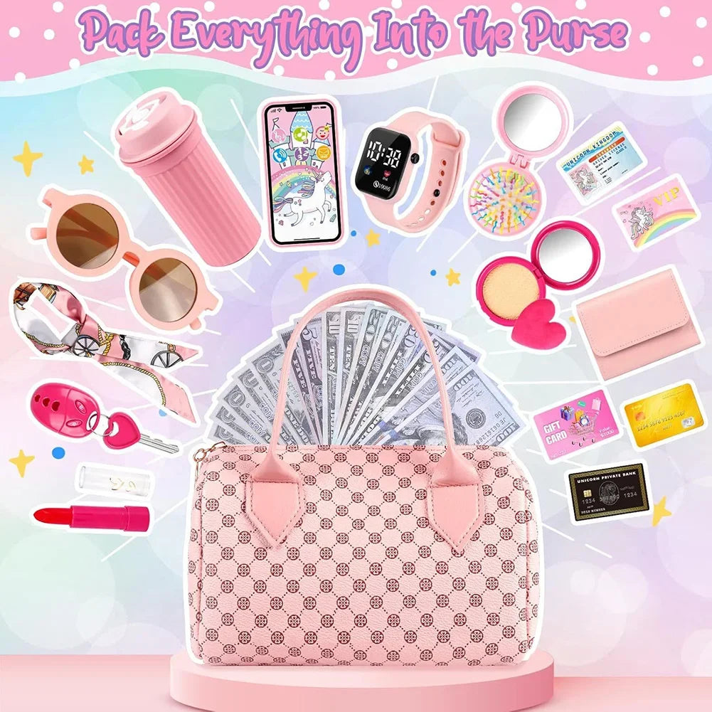 Little Girls Play Purse Kids Pretend Play Purse Cell Phone/Makeup/Keys Princess Makeup Cosmetic Set for Christmas Birthday Gift