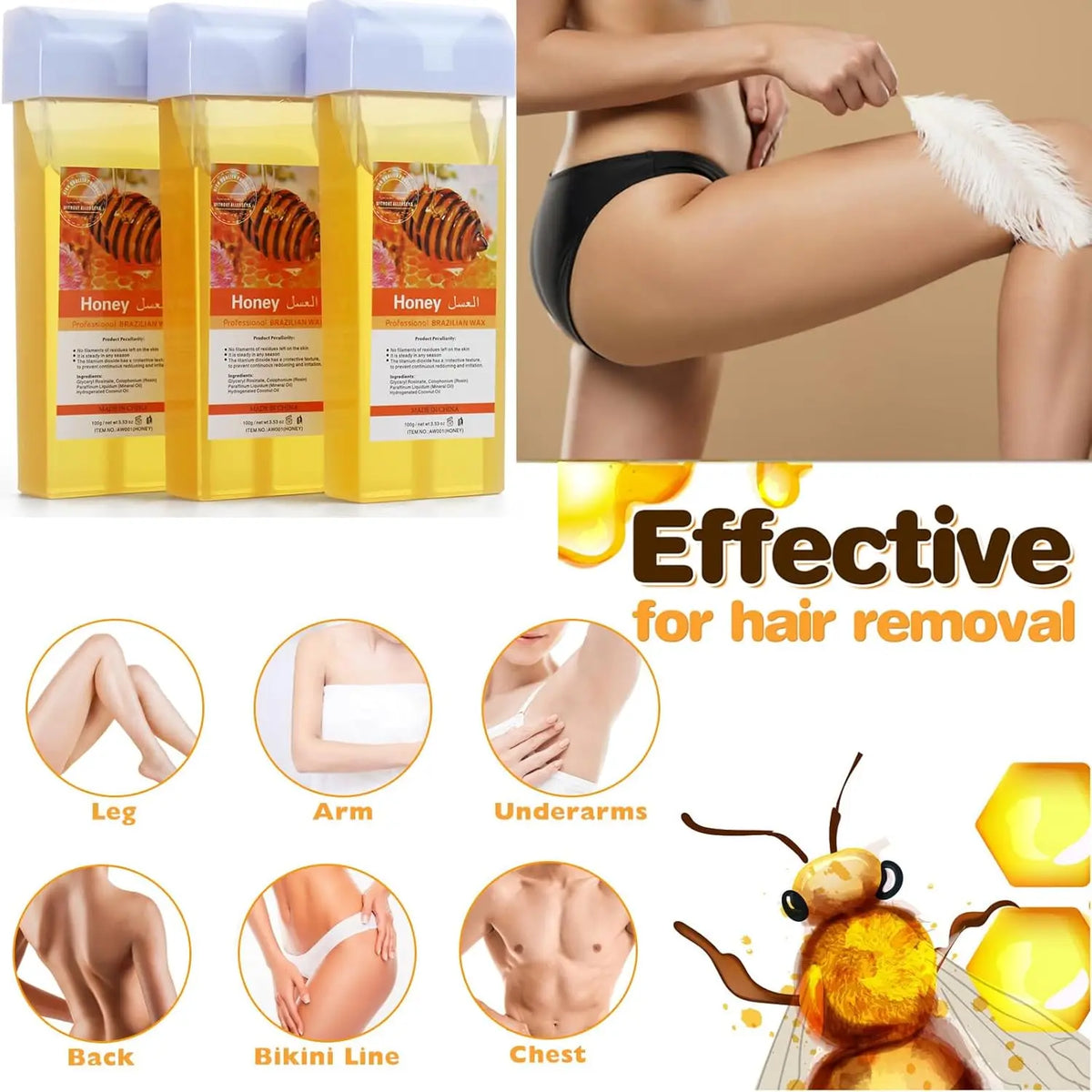 Roll On Refill Hair Removal Wax Painless Depilatory Wax Roller Honey Wax Body Hair Removal For Any Roll On Wax Warmer Cartridge