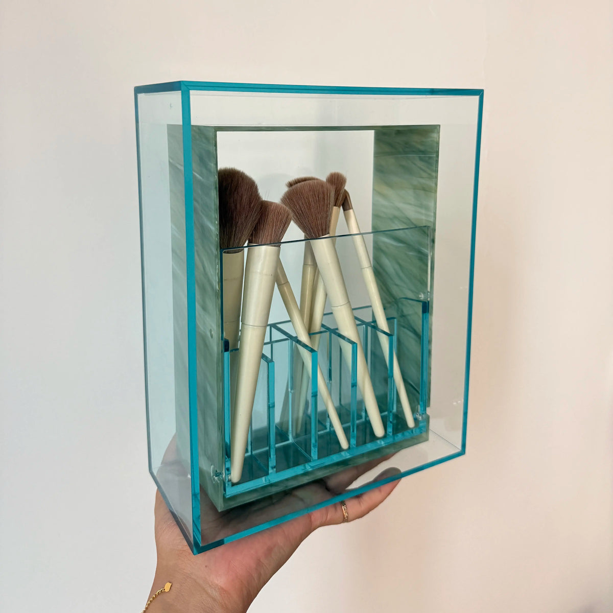 Wood and stone acrylic makeup brush storage box marble rotating dust-proof storage cylinder grid large-capacity lipstick box