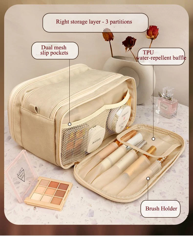 Multifunctional Makeup Bag For Women PU Leather Large Capacity Portable Double Zipper Travel Makeup Brush Toiletries Storage Bag