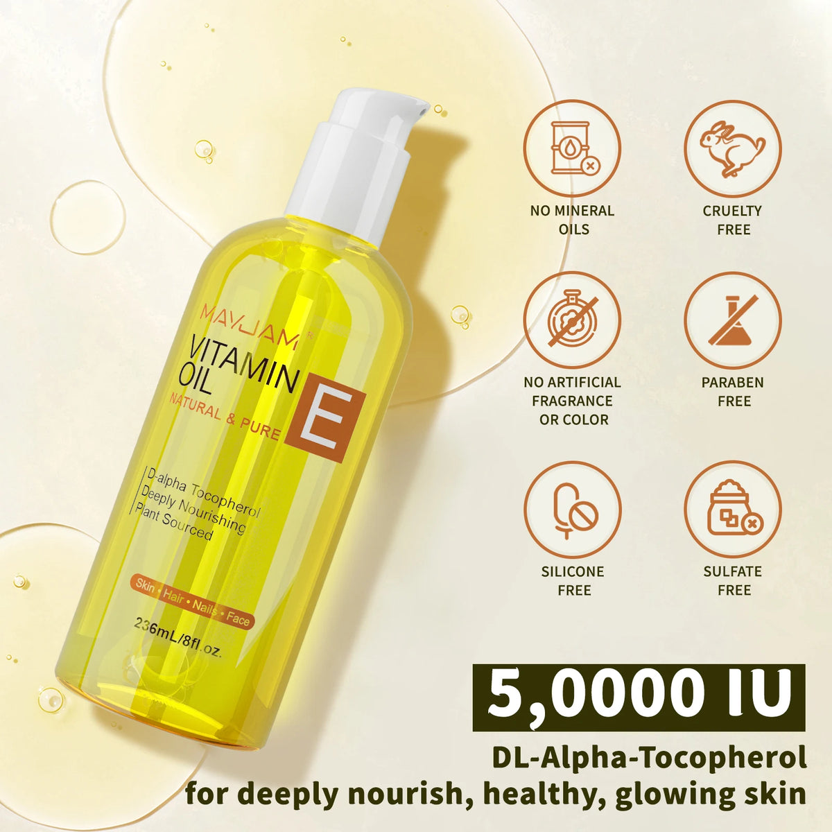 MAYJAM 236ml/118ml Pure Natural Vitamin E Oil Moisturizing for Skin & Face Care,Body Oil for Spa Massage D-Alpha Tocopherol