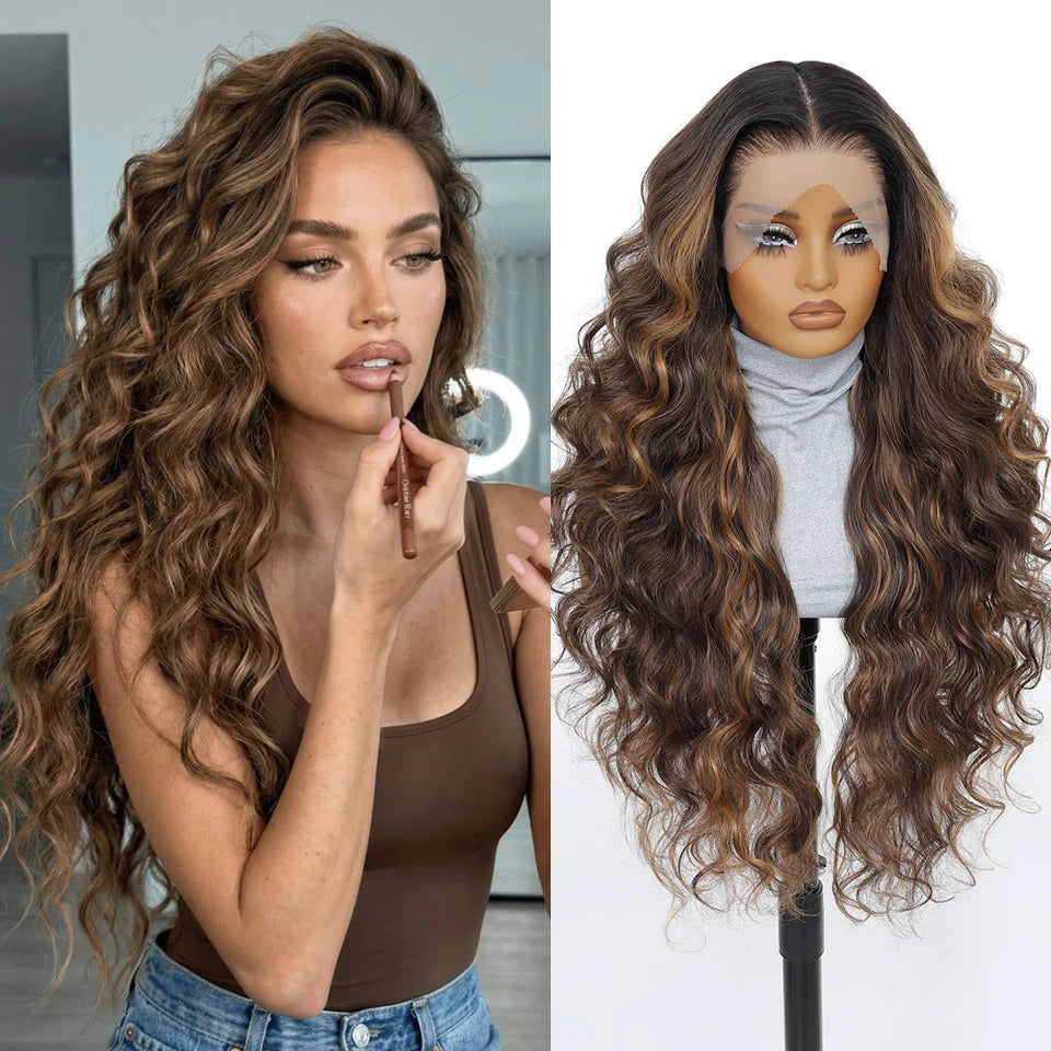 13x6 HD Synthetic Blend Lace Front Wig 30 Inch Long Deep Wavy Ombre Blonde Ginger for Afro Women Heat Resistant Cosplay Wig