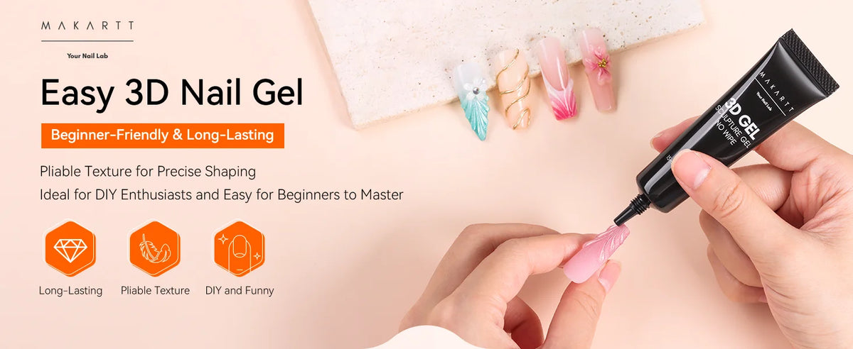 Makartt 3D Gel Nail Art – Clear & Noir Sculpting Gel for DIY Embossed Nail Designs – No Wipe Easy-Squeeze Tube Nail Glue