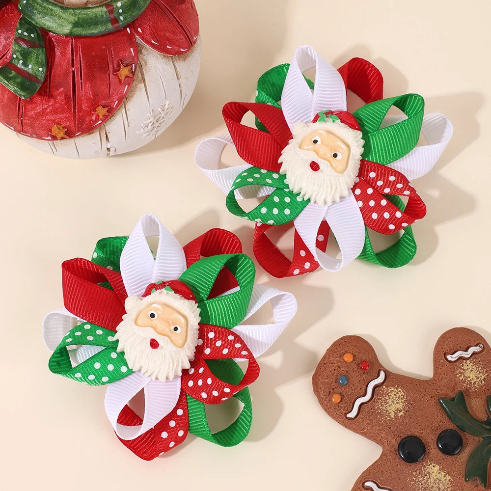2Pcs Cartoon Santa Claus Hair Clips Flower Dot Ribbon Hairpins For Girls Children Christmas Headdress Heawear Hair Accessories