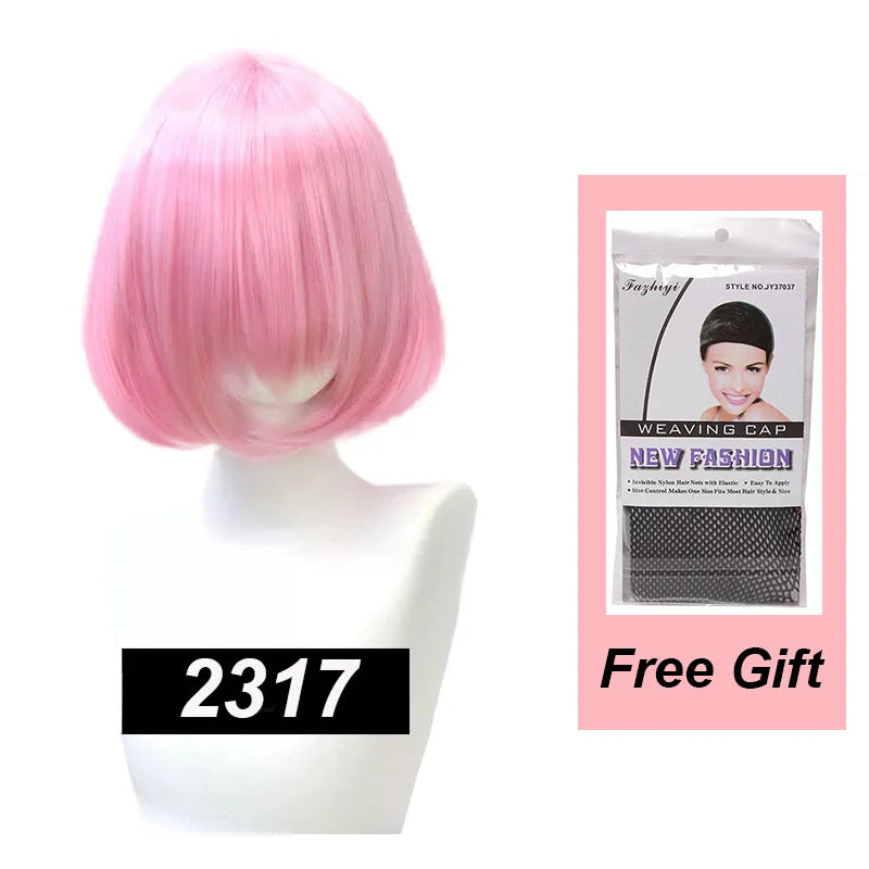 Snoya 35cm Synthetic Short Bob Straight Hair with Trimmable Bangs Lolita Pink Green Blonde Red Cosplay Wigs for Women+Wig Cap