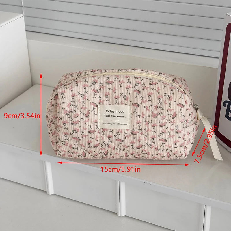 【Sweet Corduroy Floral Cosmetic Bag Portable Large Capacity Storage Bag Travel Makeup Bag Toiletry Organizer For Girls】