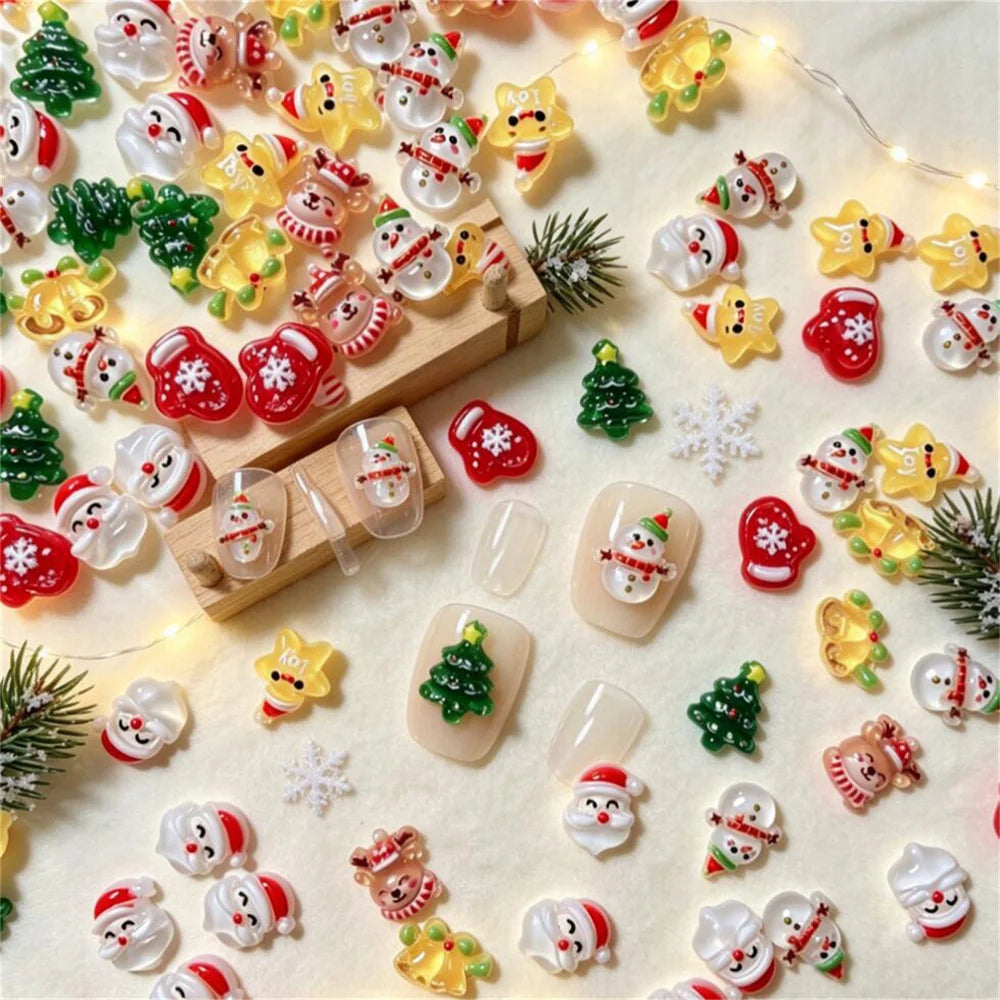 50Pcs 3D Cartoon Christmas Resin Nail Charms Santa Snowman Xmas-Tree Reindeer Mitten Bell Ornaments DIY Nail Ornament Supplies
